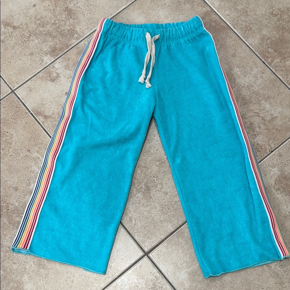 Pixie Lane Turquoise Wide-Leg Terry Sweatpants with Rainbow Side Stripes NWOT